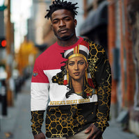 Hatshepsut Long Sleeve Shirt with Royal Portrait, Pre-Colonial Empires Text and Red-Black Honeycomb - Wonder Print Shop