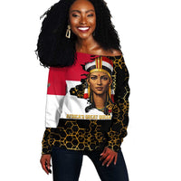 Hatshepsut Off Shoulder Sweater with Royal Portrait, Pre-Colonial Empires Text and Red-Black Honeycomb - Wonder Print Shop