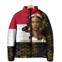 Hatshepsut Padded Jacket with Royal Portrait, Pre-Colonial Empires Text and Red-Black Honeycomb - Wonder Print Shop