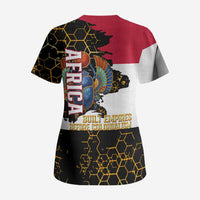 Hatshepsut Scrub Top with Royal Portrait, Pre-Colonial Empires Text and Red-Black Honeycomb - Wonder Print Shop