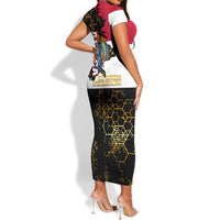 Hatshepsut Short Sleeve Bodycon Dress with Royal Portrait, Pre-Colonial Empires Text and Red-Black Honeycomb - Wonder Print Shop