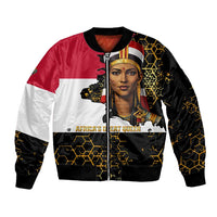 Hatshepsut Sleeve Zip Bomber Jacket with Royal Portrait, Pre-Colonial Empires Text and Red-Black Honeycomb - Wonder Print Shop