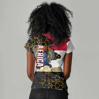 Hatshepsut Women V-Neck T-Shirt with Royal Portrait, Pre-Colonial Empires Text and Red-Black Honeycomb - Wonder Print Shop