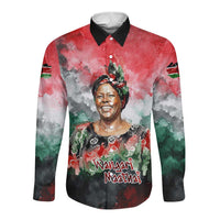 Wangari Maathai Long Sleeve Button Shirt Kenyan Flag Watercolor Style - Environmental Quote Planting Trees Tribute Eco-Activism - Wonder Print Shop