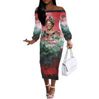Wangari Maathai Off The Shoulder Long Sleeve Dress Kenyan Flag Watercolor Style - Environmental Quote Planting Trees Tribute Eco-Activism - Wonder Print Shop