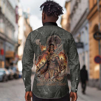 Queen Nzinga Long Sleeve Button Shirt Fierce African Warrior Queen - Dark Tribal Fire Art - Wonder Print Shop