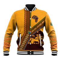Tribal Africa Heritage with South Africa Flag Baseball Jacket Wildlife Silhouettes in Earthy Yellow and Brown