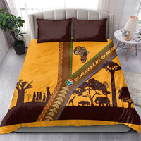 Tribal Africa Heritage with South Africa Flag Bedding Set Wildlife Silhouettes in Earthy Yellow and Brown