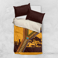 Tribal Africa Heritage with South Africa Flag Bedding Set Wildlife Silhouettes in Earthy Yellow and Brown