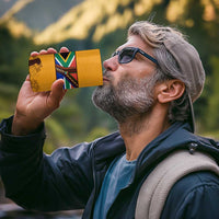 Tribal Africa Heritage with South Africa Flag 4 in 1 Can Cooler Tumbler Wildlife Silhouettes in Earthy Yellow and Brown