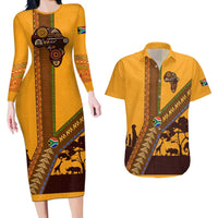 Tribal Africa Heritage with South Africa Flag Couples Matching Long Sleeve Bodycon Dress and Hawaiian Shirt Wildlife Silhouettes in Earthy Yellow and Brown