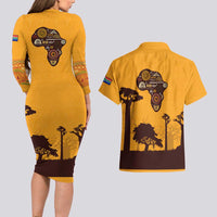Tribal Africa Heritage with South Africa Flag Couples Matching Long Sleeve Bodycon Dress and Hawaiian Shirt Wildlife Silhouettes in Earthy Yellow and Brown