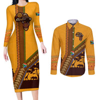 Tribal Africa Heritage with South Africa Flag Couples Matching Long Sleeve Bodycon Dress and Long Sleeve Button Shirt Wildlife Silhouettes in Earthy Yellow and Brown