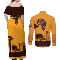 Tribal Africa Heritage with South Africa Flag Couples Matching Off Shoulder Maxi Dress and Long Sleeve Button Shirt Wildlife Silhouettes in Earthy Yellow and Brown