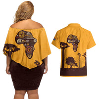 Tribal Africa Heritage with South Africa Flag Couples Matching Off Shoulder Short Dress and Hawaiian Shirt Wildlife Silhouettes in Earthy Yellow and Brown