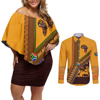 Tribal Africa Heritage with South Africa Flag Couples Matching Off Shoulder Short Dress and Long Sleeve Button Shirt Wildlife Silhouettes in Earthy Yellow and Brown