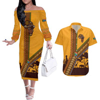 Tribal Africa Heritage with South Africa Flag Couples Matching Off The Shoulder Long Sleeve Dress and Hawaiian Shirt Wildlife Silhouettes in Earthy Yellow and Brown
