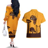 Tribal Africa Heritage with South Africa Flag Couples Matching Off The Shoulder Long Sleeve Dress and Hawaiian Shirt Wildlife Silhouettes in Earthy Yellow and Brown