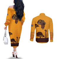 Tribal Africa Heritage with South Africa Flag Couples Matching Off The Shoulder Long Sleeve Dress and Long Sleeve Button Shirt Wildlife Silhouettes in Earthy Yellow and Brown