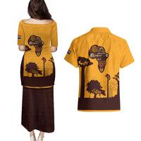 Tribal Africa Heritage with South Africa Flag Couples Matching Puletasi and Hawaiian Shirt Wildlife Silhouettes in Earthy Yellow and Brown