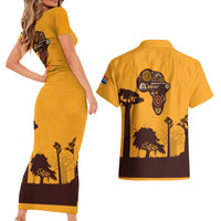 Tribal Africa Heritage with South Africa Flag Couples Matching Short Sleeve Bodycon Dress and Hawaiian Shirt Wildlife Silhouettes in Earthy Yellow and Brown