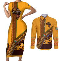 Tribal Africa Heritage with South Africa Flag Couples Matching Short Sleeve Bodycon Dress and Long Sleeve Button Shirt Wildlife Silhouettes in Earthy Yellow and Brown