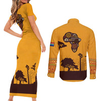 Tribal Africa Heritage with South Africa Flag Couples Matching Short Sleeve Bodycon Dress and Long Sleeve Button Shirt Wildlife Silhouettes in Earthy Yellow and Brown