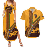 Tribal Africa Heritage with South Africa Flag Couples Matching Summer Maxi Dress and Hawaiian Shirt Wildlife Silhouettes in Earthy Yellow and Brown