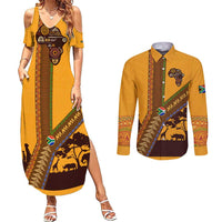 Tribal Africa Heritage with South Africa Flag Couples Matching Summer Maxi Dress and Long Sleeve Button Shirt Wildlife Silhouettes in Earthy Yellow and Brown