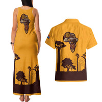 Tribal Africa Heritage with South Africa Flag Couples Matching Tank Maxi Dress and Hawaiian Shirt Wildlife Silhouettes in Earthy Yellow and Brown