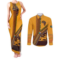 Tribal Africa Heritage with South Africa Flag Couples Matching Tank Maxi Dress and Long Sleeve Button Shirt Wildlife Silhouettes in Earthy Yellow and Brown