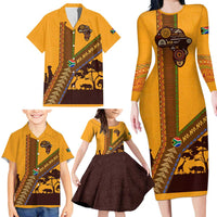 Tribal Africa Heritage with South Africa Flag Family Matching Long Sleeve Bodycon Dress and Hawaiian Shirt Wildlife Silhouettes in Earthy Yellow and Brown