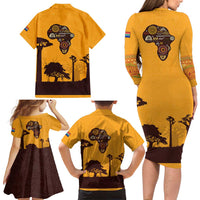 Tribal Africa Heritage with South Africa Flag Family Matching Long Sleeve Bodycon Dress and Hawaiian Shirt Wildlife Silhouettes in Earthy Yellow and Brown