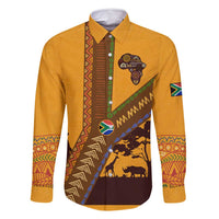 Tribal Africa Heritage with South Africa Flag Family Matching Long Sleeve Bodycon Dress and Hawaiian Shirt Wildlife Silhouettes in Earthy Yellow and Brown
