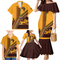 Tribal Africa Heritage with South Africa Flag Family Matching Mermaid Dress and Hawaiian Shirt Wildlife Silhouettes in Earthy Yellow and Brown