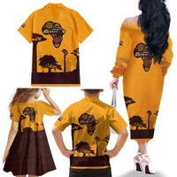 Tribal Africa Heritage with South Africa Flag Family Matching Off The Shoulder Long Sleeve Dress and Hawaiian Shirt Wildlife Silhouettes in Earthy Yellow and Brown