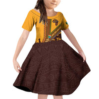 Tribal Africa Heritage with South Africa Flag Family Matching Off Shoulder Short Dress and Hawaiian Shirt Wildlife Silhouettes in Earthy Yellow and Brown