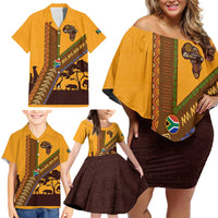 Tribal Africa Heritage with South Africa Flag Family Matching Off Shoulder Short Dress and Hawaiian Shirt Wildlife Silhouettes in Earthy Yellow and Brown
