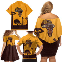 Tribal Africa Heritage with South Africa Flag Family Matching Off Shoulder Short Dress and Hawaiian Shirt Wildlife Silhouettes in Earthy Yellow and Brown