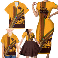 Tribal Africa Heritage with South Africa Flag Family Matching Short Sleeve Bodycon Dress and Hawaiian Shirt Wildlife Silhouettes in Earthy Yellow and Brown