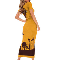 Tribal Africa Heritage with South Africa Flag Family Matching Short Sleeve Bodycon Dress and Hawaiian Shirt Wildlife Silhouettes in Earthy Yellow and Brown