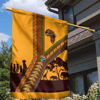 Tribal Africa Heritage with South Africa Flag Garden Flag Wildlife Silhouettes in Earthy Yellow and Brown