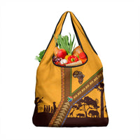 Tribal Africa Heritage with South Africa Flag Grocery Bag Wildlife Silhouettes in Earthy Yellow and Brown