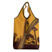 Tribal Africa Heritage with South Africa Flag Grocery Bag Wildlife Silhouettes in Earthy Yellow and Brown