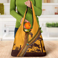 Tribal Africa Heritage with South Africa Flag Grocery Bag Wildlife Silhouettes in Earthy Yellow and Brown