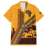 Tribal Africa Heritage with South Africa Flag Hawaiian Shirt Wildlife Silhouettes in Earthy Yellow and Brown