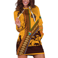 Tribal Africa Heritage with South Africa Flag Hoodie Dress Wildlife Silhouettes in Earthy Yellow and Brown