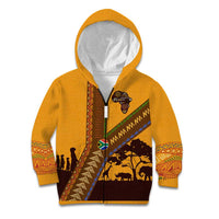Tribal Africa Heritage with South Africa Flag Kid Hoodie Wildlife Silhouettes in Earthy Yellow and Brown