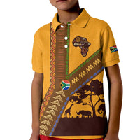 Tribal Africa Heritage with South Africa Flag Kid Polo Shirt Wildlife Silhouettes in Earthy Yellow and Brown