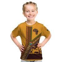 Tribal Africa Heritage with South Africa Flag Kid T Shirt Wildlife Silhouettes in Earthy Yellow and Brown